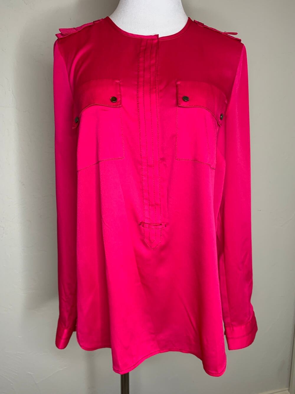 Hot Pink Ann Taylor Sz 8 Front Pockets Long Sleeve Tunic Shoulder Plackets